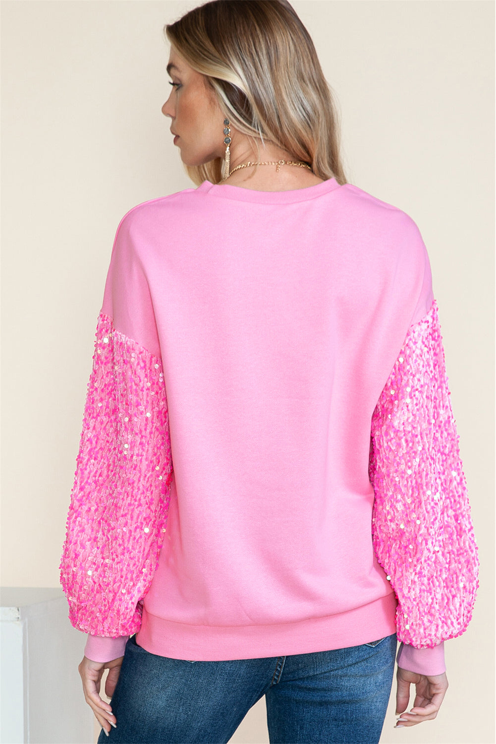 Pink Sequin Patchwork Long Sleeve Pullover Top Long Sleeve Tops 29bb666a9e02a260