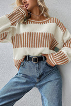 Khaki Two Tone Striped Patchwork Drop Shoulder Sweater Sweaters 29bdbb4853767fa5