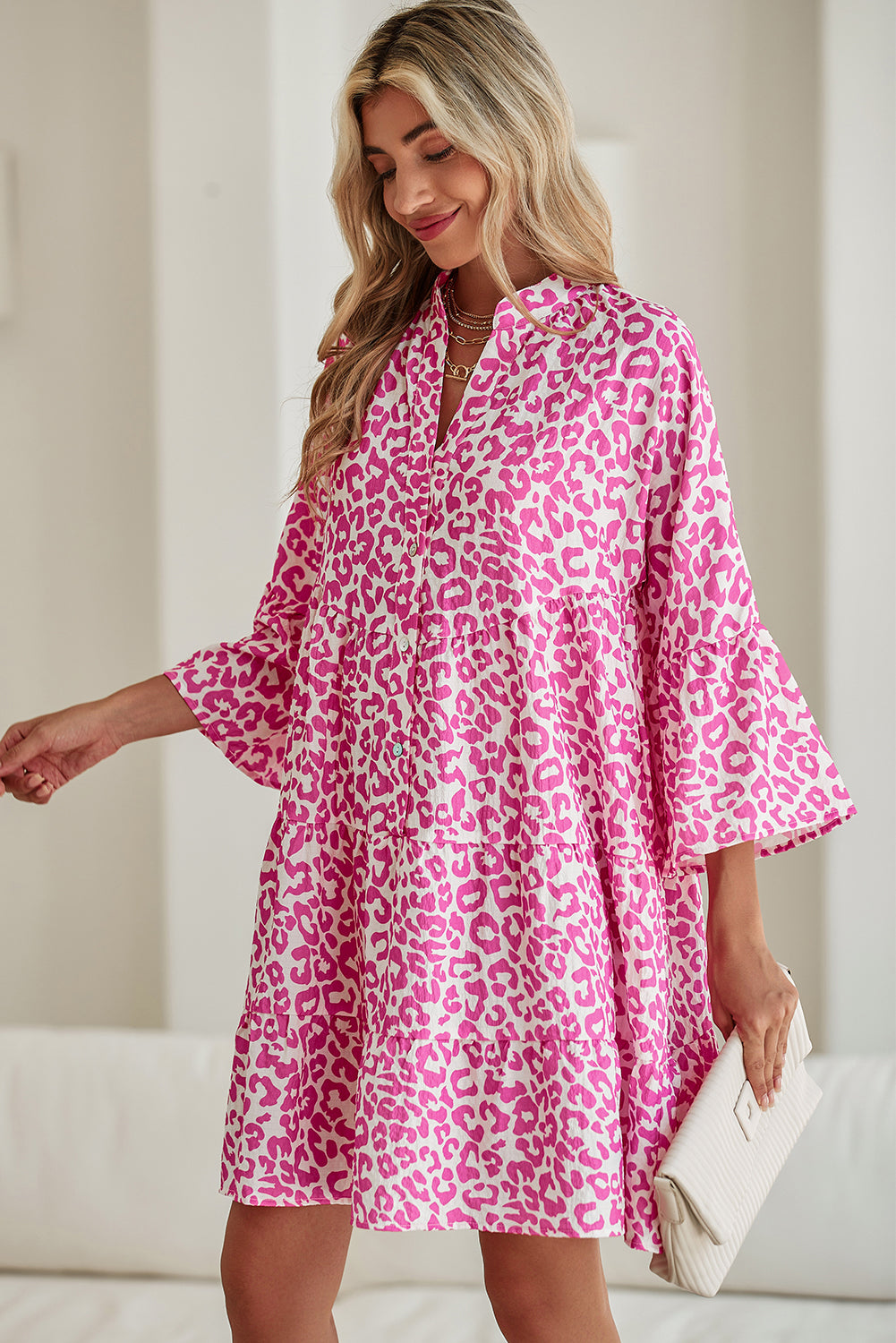 Bright Pink Leopard Print Flounce Sleeve Mini Dress Short Dresses 29c5130fd90cb9c0