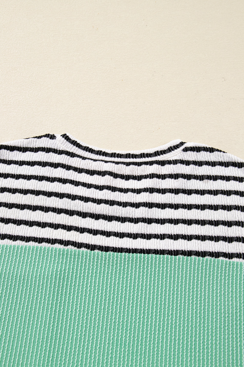 Sea Green Twisted Ribbed Contrast Round Neck Striped Patchwork Long Sleeve Top Long Sleeve Tops 29e26567f401200d