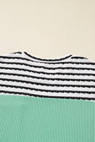 Sea Green Twisted Ribbed Contrast Round Neck Striped Patchwork Long Sleeve Top Long Sleeve Tops 29e26567f401200d