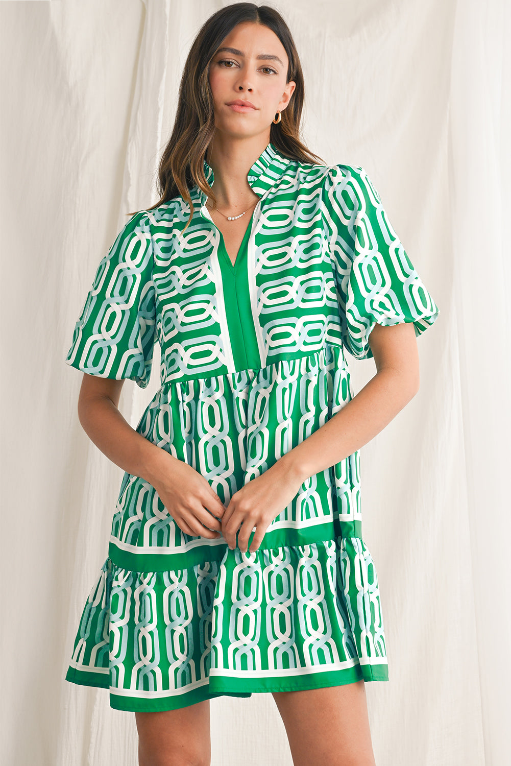 Bright Green Abstract Print Puff Sleeve Pop of Color Neckline Dress Short Dresses 2a1ec7be3acf5723