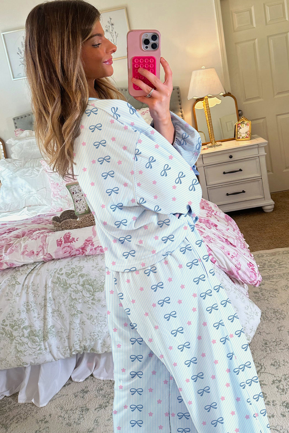 Sky Blue Stripe Bow Star Print Tied Detail 2pcs Lounge Set Loungewear Set 2a57ea198e1624cb