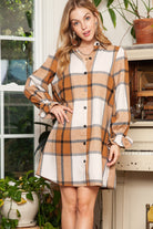 Khaki Plaid Pattern Collared Neck Ruffled Sleeve Shirt Dress Short Dresses 2a59b7c7c78612a3