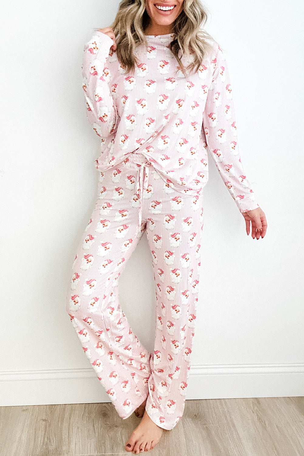 Pink Santa Claus Striped Print Loose Fit Two Piece Loungewear Set Loungewear Set 2a86fe28ba20d1f7