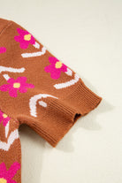 Brown Floral Pattern Short Puff Sleeve Sweater Short Sleeve Sweater 2a9c033ab453ba21