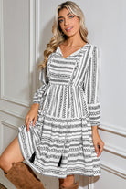 Black Striped Fringe Tie Neck Bell Sleeve V Neck Mini Dress Short Dresses 2a9ee9ba9ad32b4f