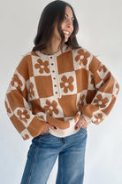 Black Flower Colorblock Checkered Henley Sweater Sweaters 2ab996db7f96c272