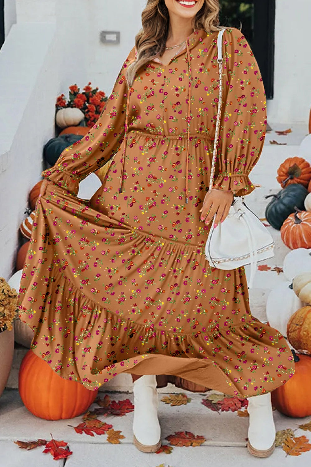 Brown Plus Size Floral Split V Neck Ruffled Sleeve Tiered Maxi Dress Plus Size Dresses 2ac676d0925232e2