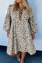 Khaki Plus Size Button V Neck Leopard Print Puff Sleeve Loose Mini Dress Plus Size Dresses 2ad9e8c3873fbb4b