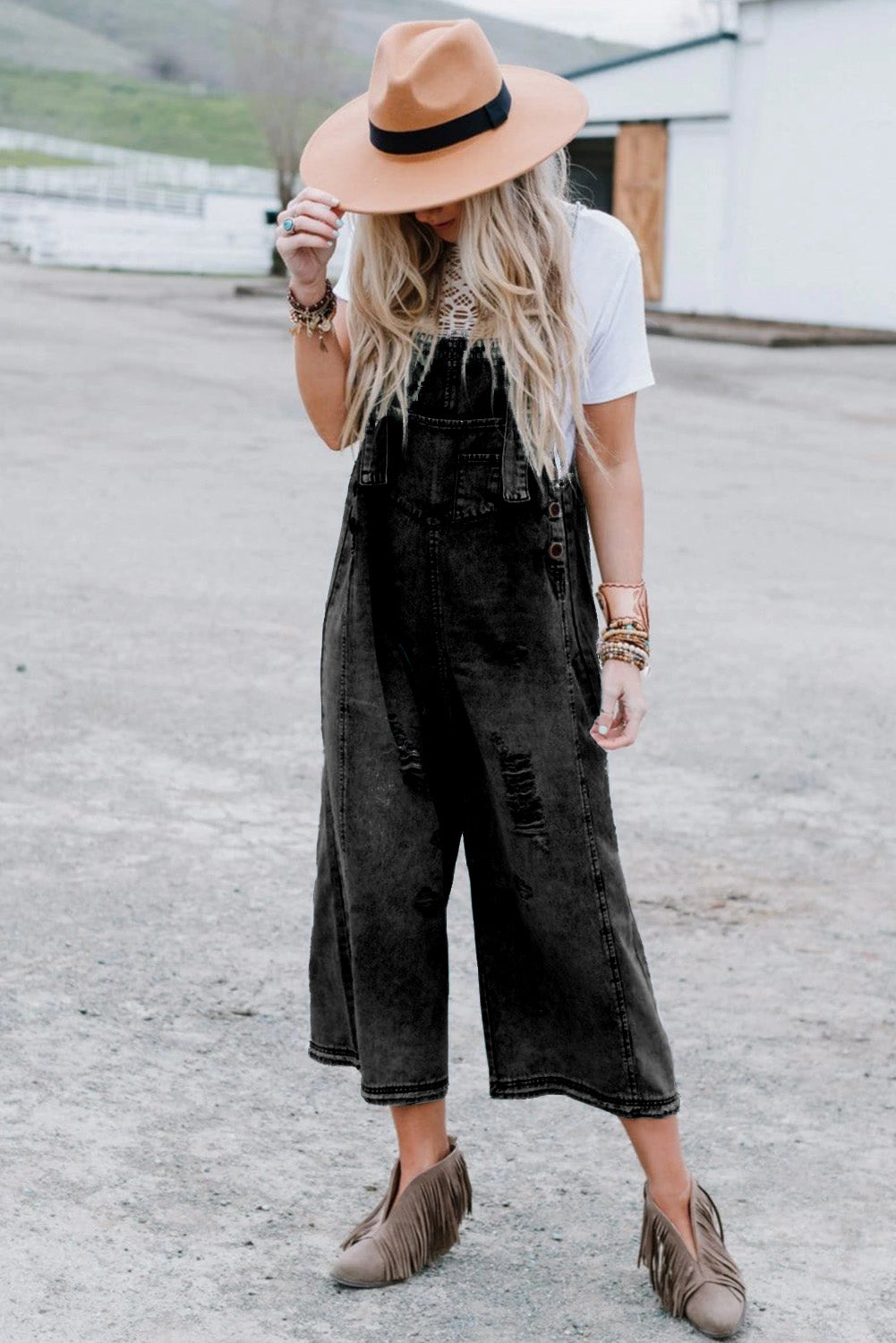 Black Distressed Bib Pocket Wide Leg Denim Overall Jumpsuits 2af159f661ada5aa