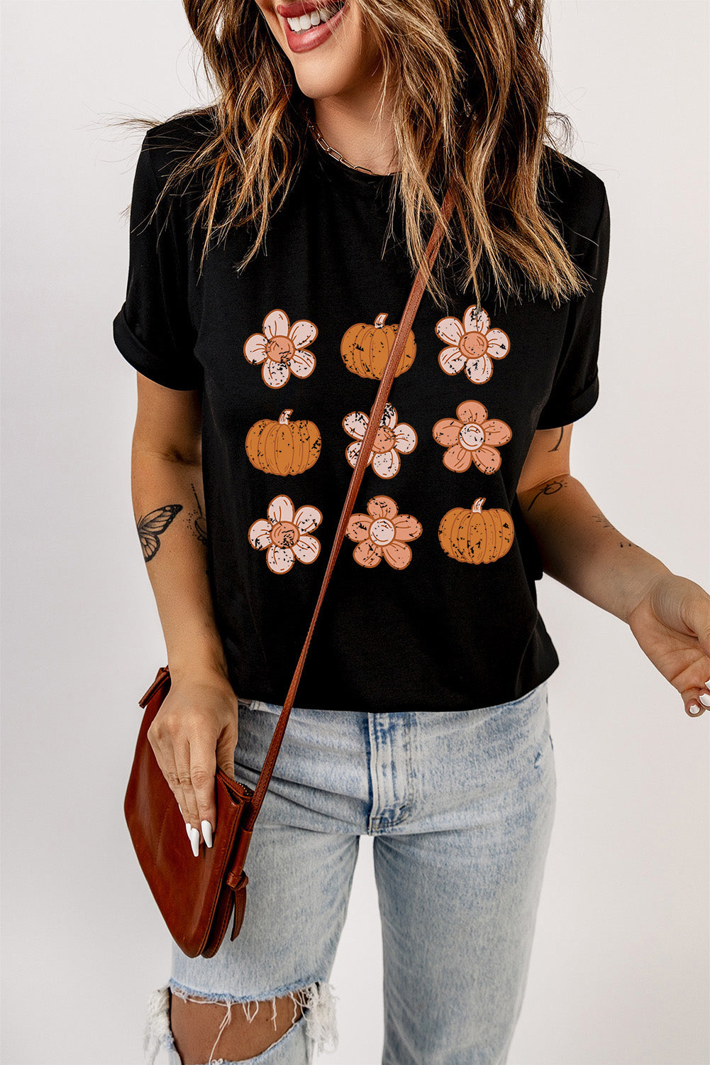 Black Pumpkin Flower Print Short Sleeve Graphic T Shirt Graphic Tees 2af33691d32f9e82