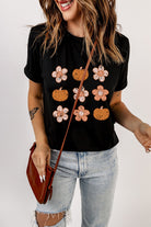 Black Pumpkin Flower Print Short Sleeve Graphic T Shirt Graphic Tees 2af33691d32f9e82
