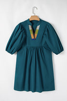 Blue Sapphire Puff Sleeve Pleated Pop of Color Neckline Dress Short Dresses 2b1aa2cfaeffb46b