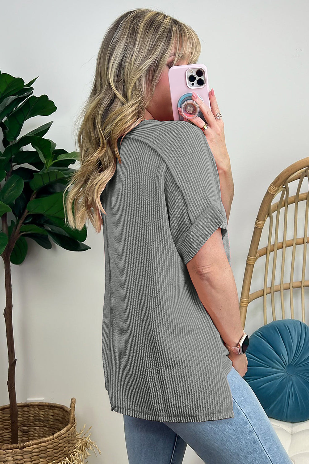 Medium Grey Crinkle Rib Knit Exposed Seam Round Neck T-shirt T Shirts 2b3a04ca0dc71b2d