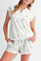 Beige Bow Print Half Zip Tank Top and Shorts Set Two Piece Shorts Sets 2b53d37435c828b4