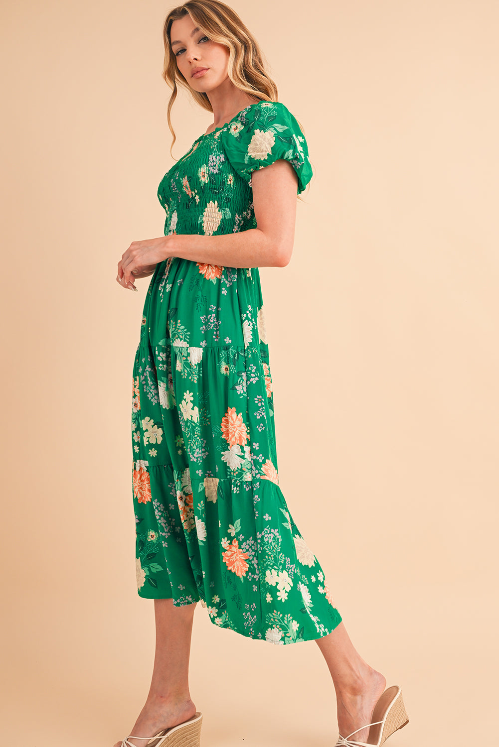 Green Floral Print Bubble Sleeve Smocked Tiered Midi Dress Midi Dresses 2b5a1afa9d8f6c7c