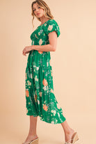 Green Floral Print Bubble Sleeve Smocked Tiered Midi Dress Midi Dresses 2b5a1afa9d8f6c7c
