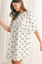 White Sweet Bow Print Lantern Sleeve Mini Dress Short Dresses 2b77984db8da66ad