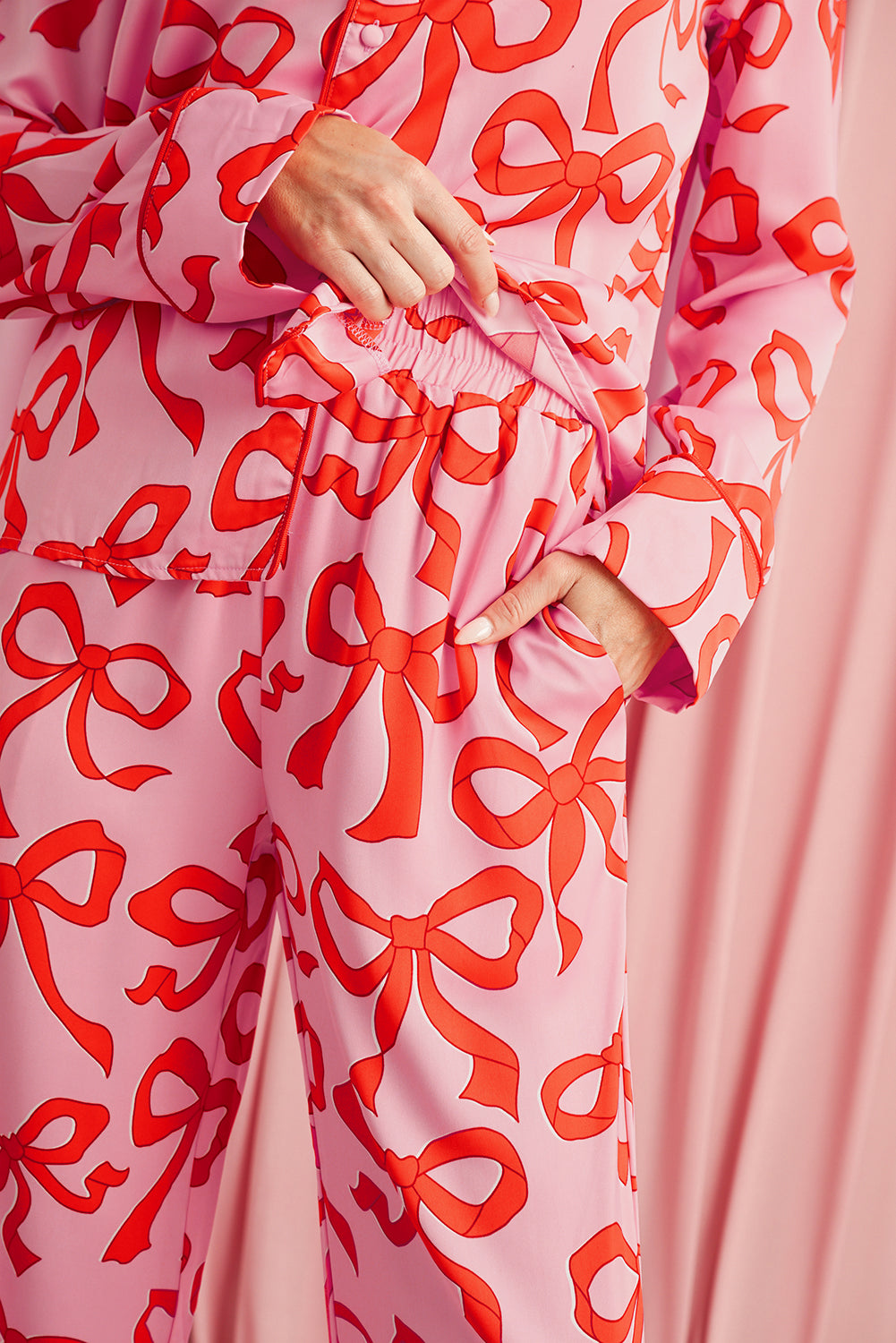 Pink Allover Bow Print Button Up and Loose Pants Pajama Set Loungewear Set 2b82a1206ff93435