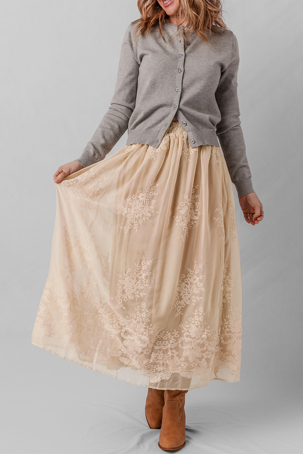 Oatmeal Embroidered Mesh Overlay Flowy Long Skirt Skirts 2b88d41c10be12b6