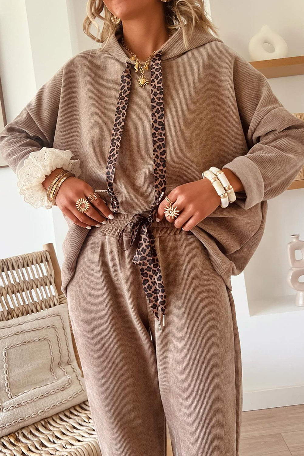 Dark Khaki Drawstring Pullover Hoodie and High Waist Pants Corduroy Suit Two Piece Pants Sets 2bb87c6946726d65
