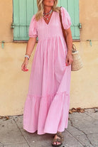Pink Striped V Neck Puff Sleeve Frill Tiered Maxi Dress Maxi Dresses 2bc7384ab3c3a5ea