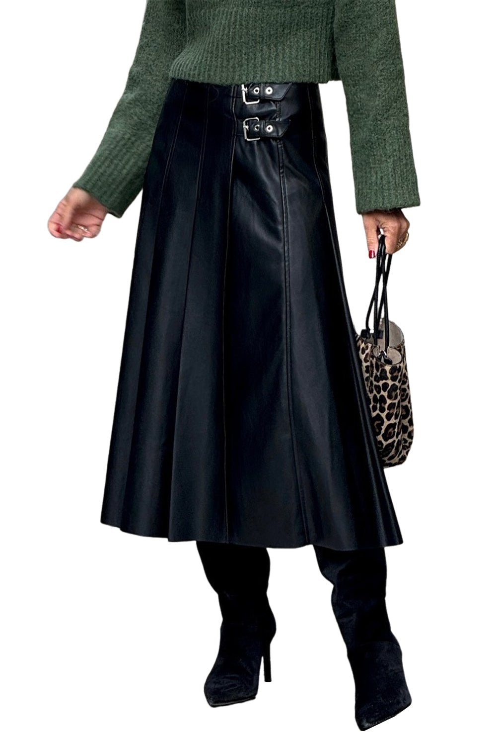 Black Faux Leather Retro Buckle Detail Pleated Stitch Flared Midi Skirt Skirts 2bd7300692fbed62