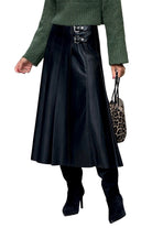 Black Faux Leather Retro Buckle Detail Pleated Stitch Flared Midi Skirt Skirts 2bd7300692fbed62