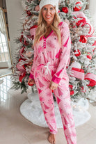 Pink Christmas Tree Print V Neck Buttoned Pullover and Pants Pajama Set Loungewear Set 2c017efac6297332
