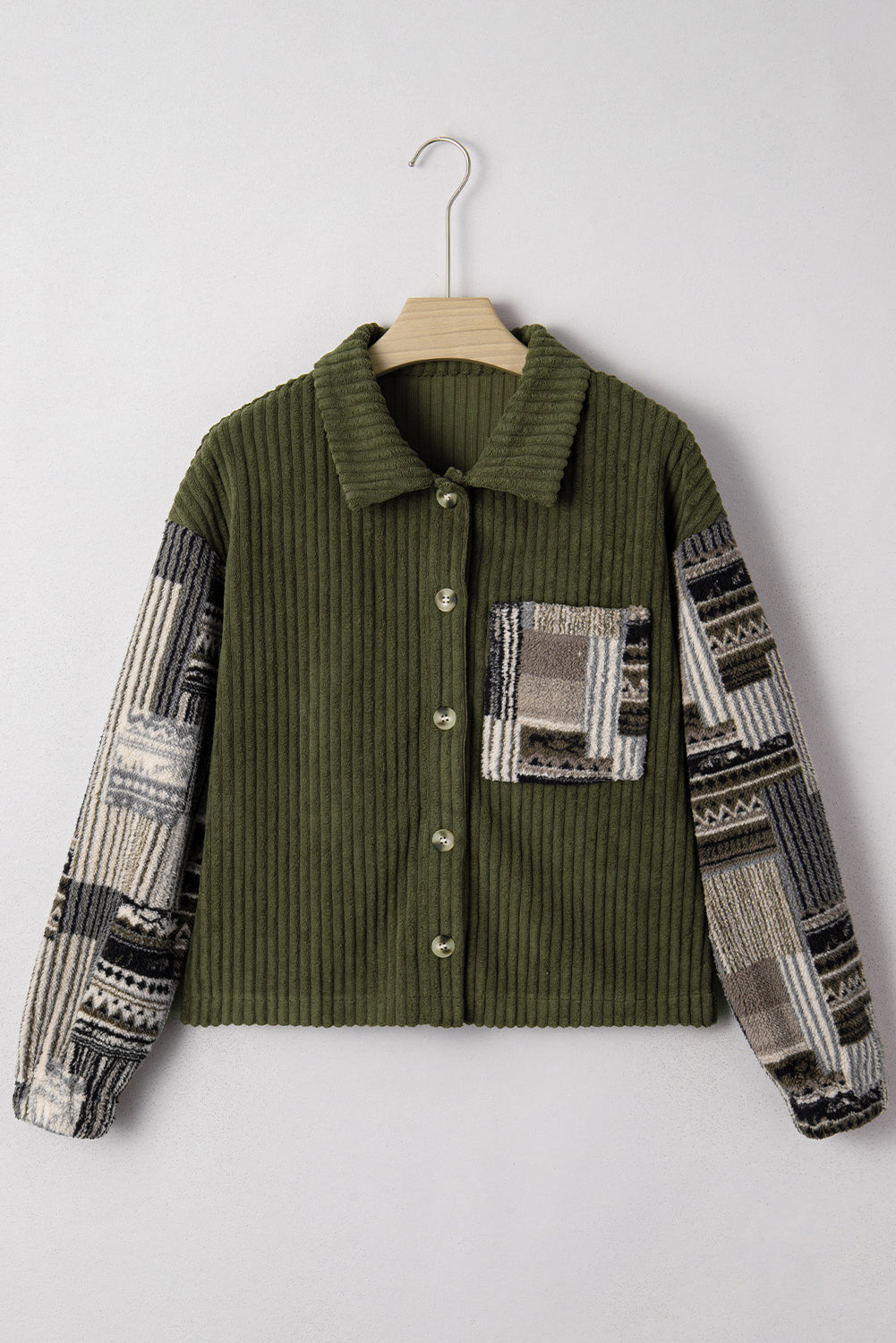 Jungle Green Ribbed Fleece Plaid Print Patchwork Button Up Jacket Jackets 2c1b6527c0d11ff2