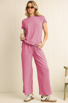 Bright Pink Solid Corded Short Sleeve T Shirt and Wide Leg Pants Set Two Piece Pants Sets 2c3a84cf273329f2