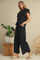 Beau Blue Textured Ruffle Sleeve Zipped Top and Wide Leg Pants Set Two Piece Pants Sets 2c4a9e538f37c661