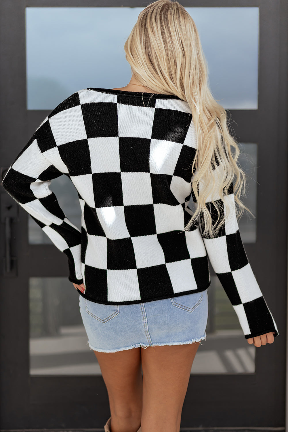 Black Checked Notched Neckline Drop Shoulder Knit Sweater Sweaters 2c55f396ce7d0aa2