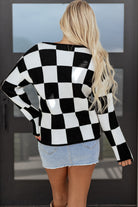 Black Checked Notched Neckline Drop Shoulder Knit Sweater Sweaters 2c55f396ce7d0aa2