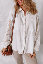 White Cotton Gauze Lace Patchwork Long Sleeve Shirt Blouses 2c614ae6b52cf281
