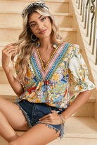Multicolour Half Sleeve Boho Floral Pop of Color Neckline Blouse Blouses 2c71bc53a9d7c04a