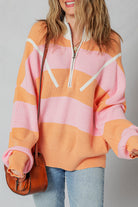 Orange Stripe Half Zip Collar Loose Sweater Sweaters 2c83d9b4420df67b
