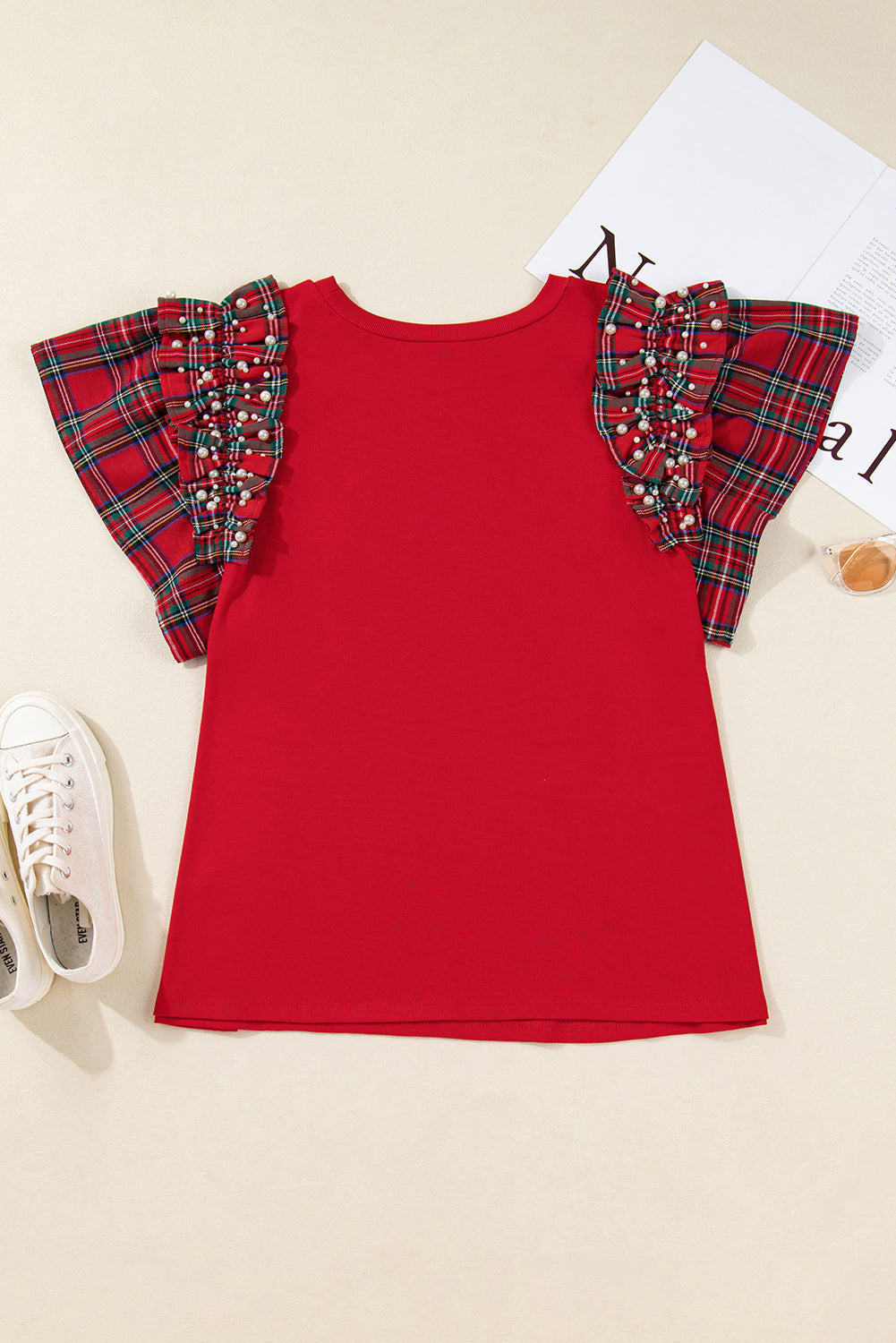 Racing Red Plaid Pearl Ruffled Sleeve Knitted Christmas Holiday Plus Size Top Plus Size Tops 2c85ab29c3ec1dd3