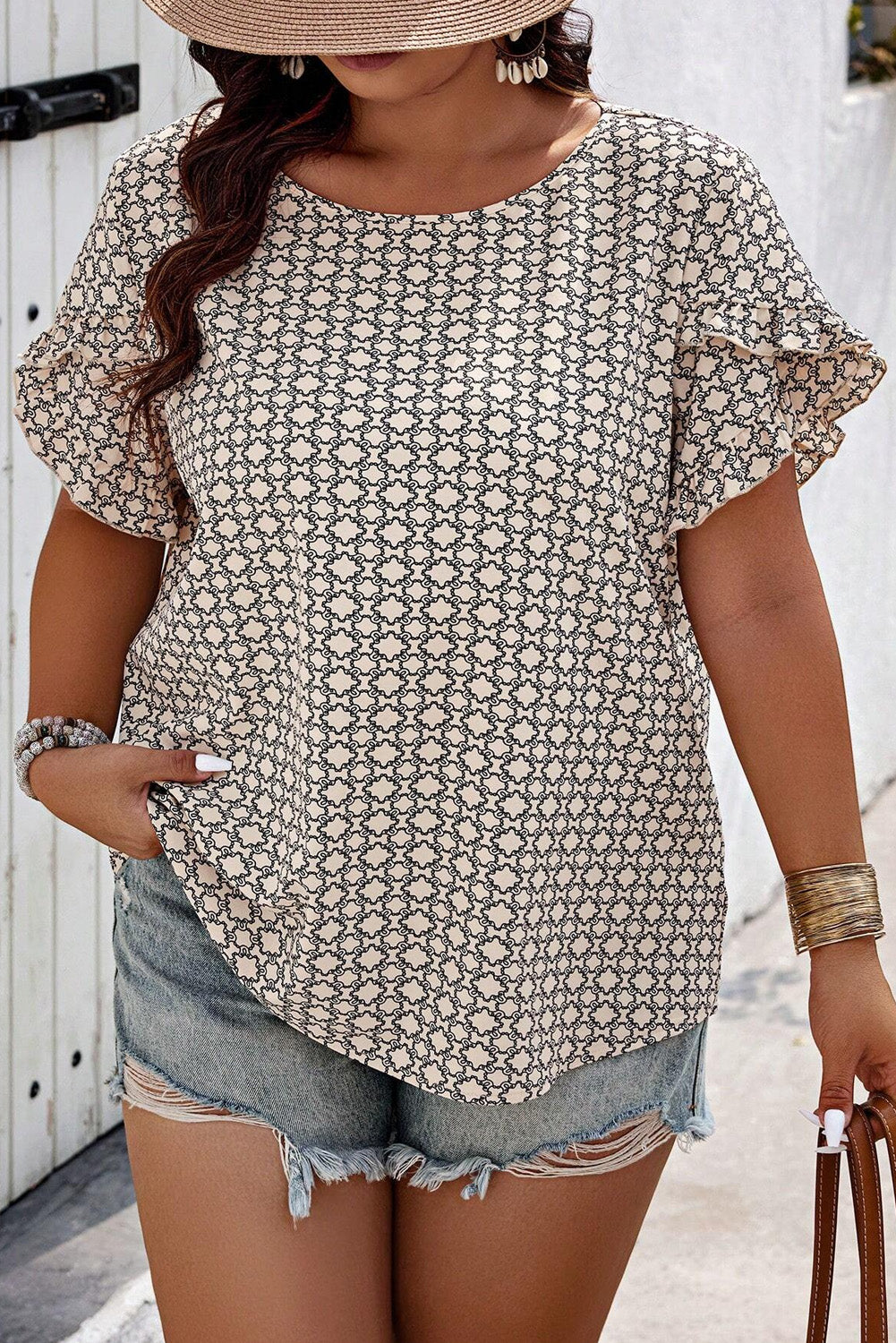 Khaki Geometric Print Frill Tulip Sleeve Plus Size Blouse Plus Size Tops 2cae7b977d45e8e0