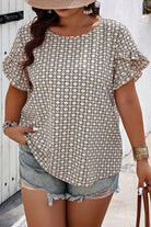 Khaki Geometric Print Frill Tulip Sleeve Plus Size Blouse Plus Size Tops 2cae7b977d45e8e0