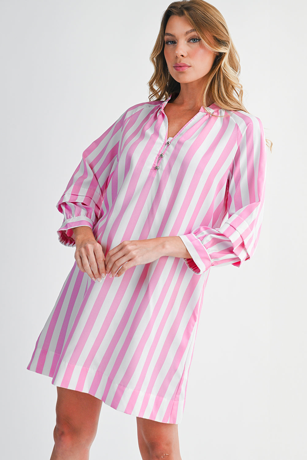 Rose Striped Long Sleeve Buttons Loose Mini Dress Short Dresses 2ce032c3bb06c145