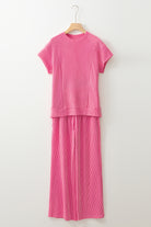 Bright Pink Solid Corded Short Sleeve T Shirt and Wide Leg Pants Set Two Piece Pants Sets 2d12015f60bdb651