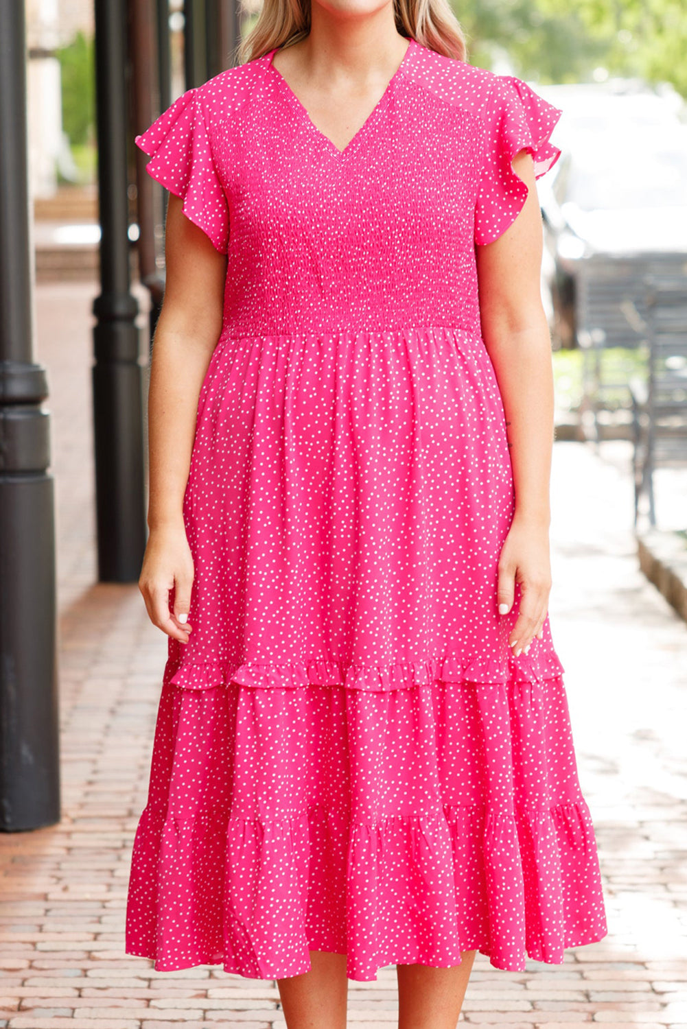 Rose Polka Dot Print Ruffle Smocked High Waist Plus Midi Dress Plus Size Dresses 2d14a689b3e2e863