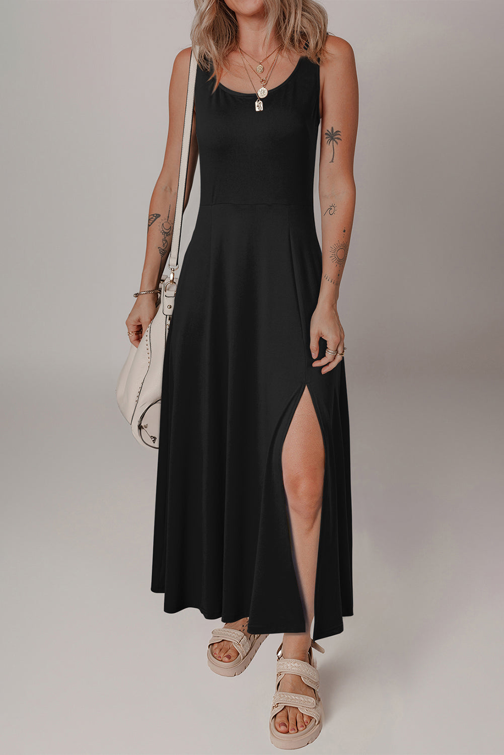 Black Sleeveless Scoop Neck Flared Split Midi Dress Midi Dresses 2d2eabd670e9dc2d