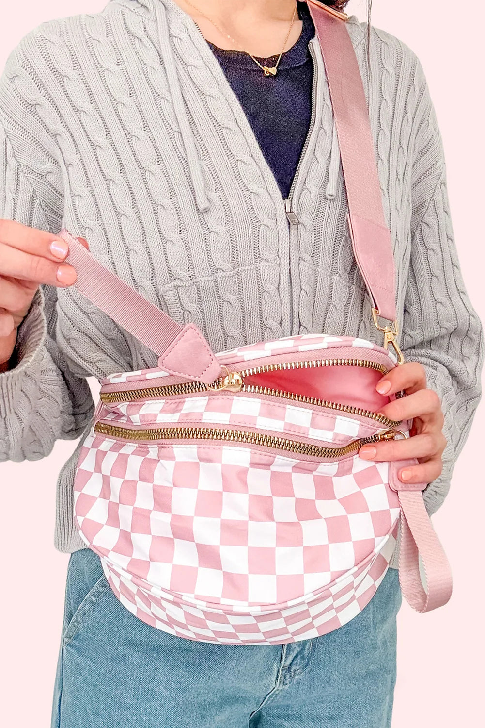 Pink Checkered Print Wide Strap Large Crossbody Bag Crossbody Bags 2d599a5645260292
