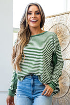 Khaki Stripe Patchwork Knit Drop Shoulder Top Long Sleeve Tops 2d69b433ea15ee70