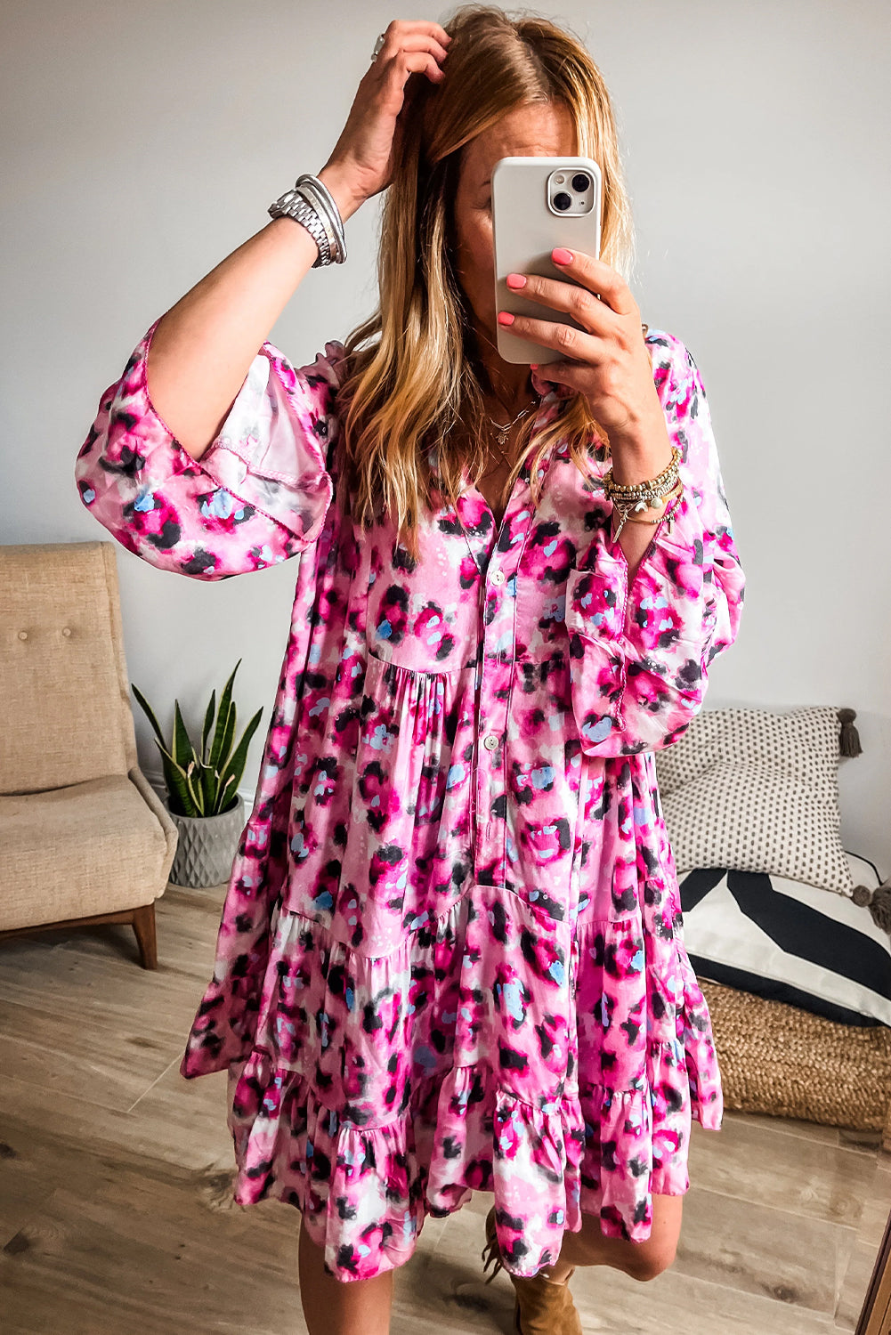 Khaki Leopard Button V Neck Pocket Flowy Mini Dress Short Dresses 2d759891c2cdc97f