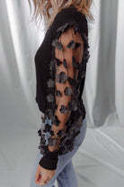 Black Flower Applique Mesh Long Sleeve V Neck Top Long Sleeve Tops 2d7fc813c2907f05
