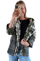 Black Plaid Print Textured Knit Buttoned Shacket Jackets 2d83e0265c3d7c2c